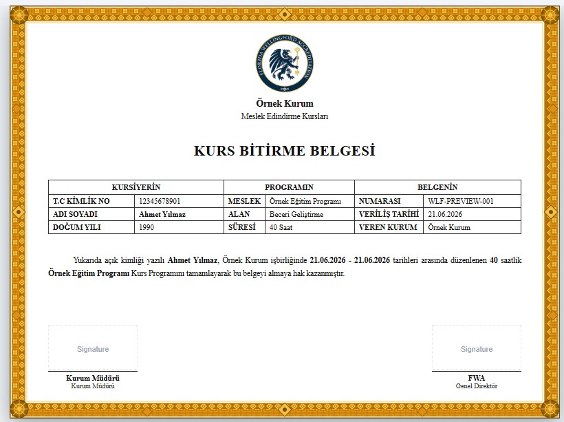 Kurs Bitirme Belgesi